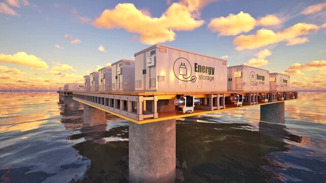 3d rendering energy storage systems on offshore platform with sunset sky 4k footage