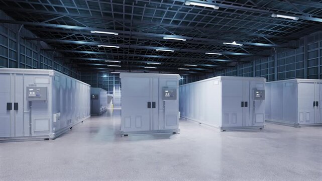 3d rendering amount of energy storage systems or battery container units in factory 4k footage