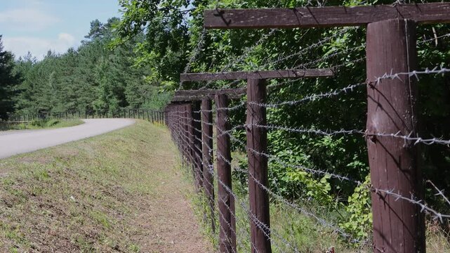 Former Soviet-Polish border fence with barbed wire in Lazdijai District, Lithuania