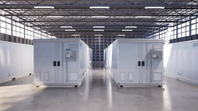 3d rendering amount of energy storage systems or battery container units in factory 4k footage