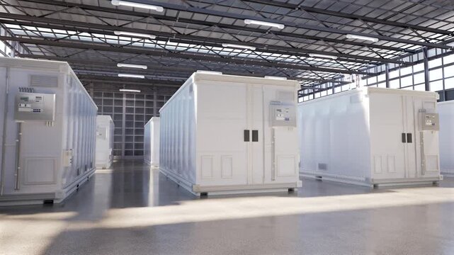 3d rendering amount of energy storage systems or battery container units in factory 4k footage