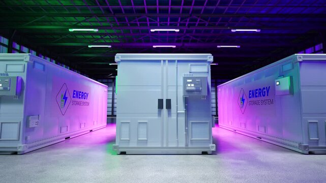 3d rendering amount of energy storage systems or battery container units in factory with neon light 4k footage