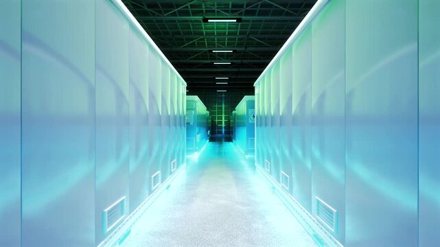 3d rendering amount of energy storage systems or battery container units in factory with neon light 4k footage