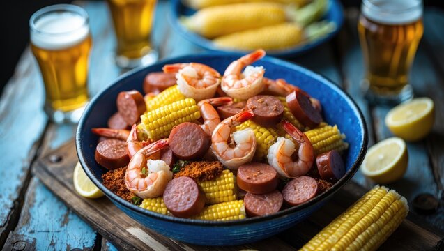 Seafood Boil with Shrimp Sausage and Corn in a Blue Bowl on a Wooden Table