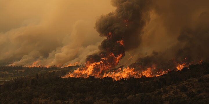 Wildfire Burning Through Forested Landscape Under Smoky Skies