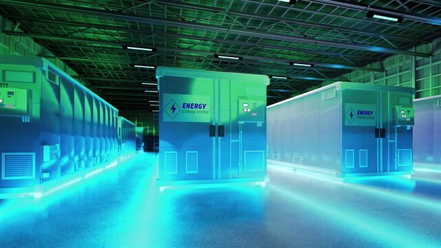 3d rendering amount of energy storage systems or battery container units in factory with neon light 4k footage