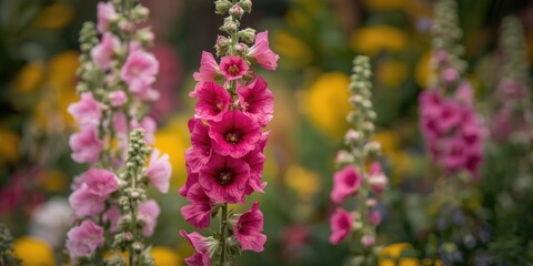 Obraz premium Colorful Flower Garden Blooming - Close-Up of Pink and Yellow Flowers, Soft Focus