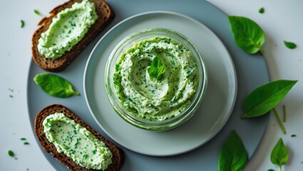 Obraz premium Herbed Cream Cheese Spread in a Jar with Slices of Bread on a Plate