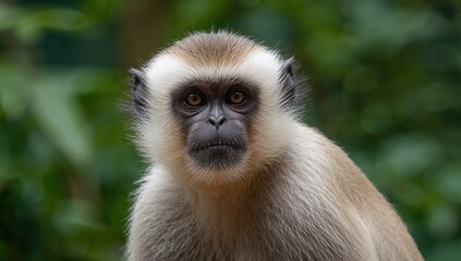 Naklejka premium Closeup of a Monkey with Intense Eyes in a Lush Green Environment
