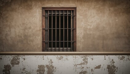 Obraz premium Empty Window with Bars on a Weathered Wall in Neutral Tones