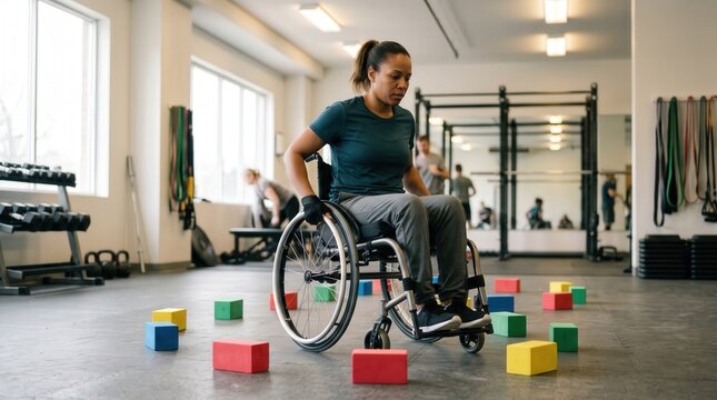 Woman in wheelchair exercising in a gym with colorful blocks on the floor