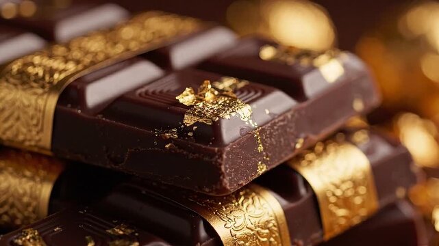 Stacked dark chocolate bars with gold leaf wrapping on a golden background