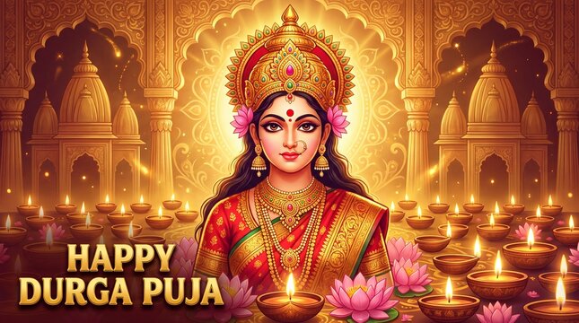 Devotional portrait of goddess durga amidst festive lights and diyas