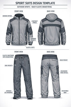 This image showcases a design template for sports suits, including a jacket and pants set.