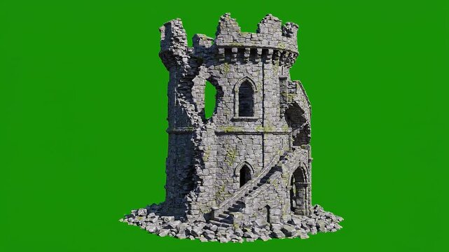 Ancient stone castle tower with spiral staircase isolated on green screen