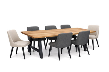 Fototapeta premium Contemporary design with a wooden table and black cushioned chairs.