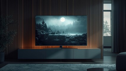 Fototapeta premium Modern Living Room with Television Displaying Mountain Landscape at Night