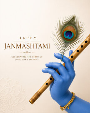 Creative Janmashtami social media post with blue Krishna hand holding flute and peacock feather