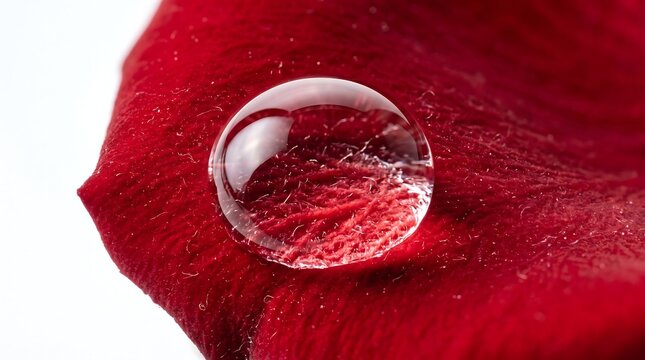 A large crystal clear water droplet resting on a red rose petal macro view with liquid drop moisture spherical reflection botanical macroshot transparent humidity phenomenon magnified