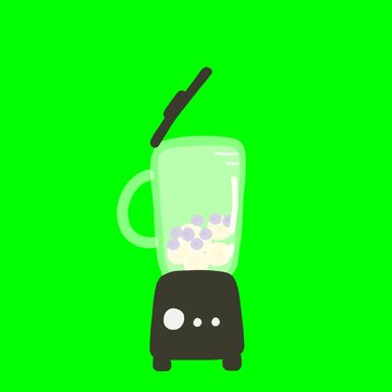 Pouring milk into a blender with banana, blueberry, and raspberry to make a healthy smoothie illustration on green screen background.