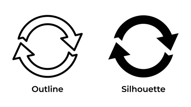 Circular Arrows: Two identical sets of circular arrows, one an outline and the other a silhouette, represent the concept of repetition, refresh, or cycle.
