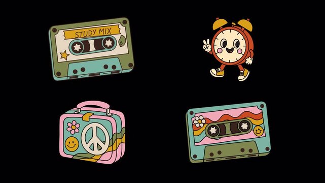 Retro groovy back to school animation with cassette tapes and clock character