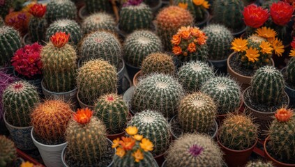 Fototapeta premium Colorful Cacti with Blooms in Pots in a Lush Arrangement