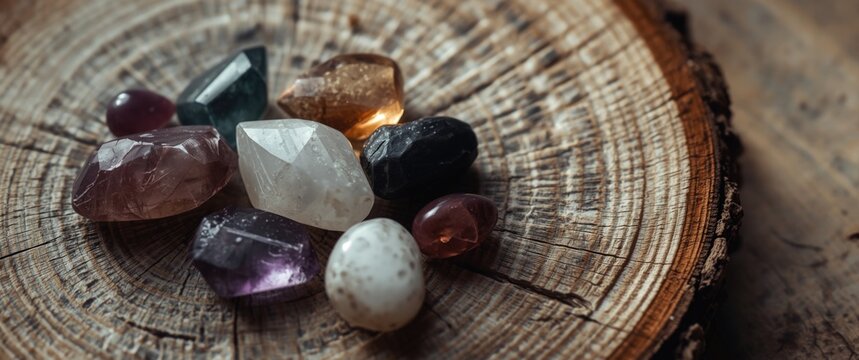Colorful Gemstones Arranged on a Wooden Log Slice with Natural Textures