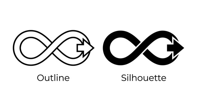 Infinite Loop Icon Set: A clean and clear graphic resource depicting two infinity symbols, one outlined and the other a solid silhouette, with an arrow integrated into the right loop of each.