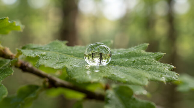 water drop on a leaf, A macro photograph of a single dewdrop on a vibrant green leaf, reflecting a miniature forest scene