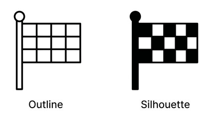 Fototapeta premium Checkered Flag Iconography: Two checkered flags, one as an outline and the other as a silhouette, representing speed, competition, and the finish line.