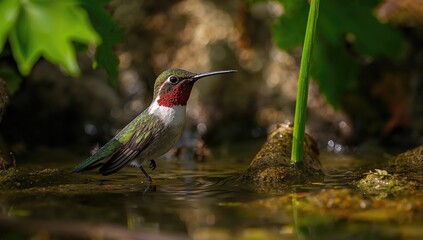 Naklejka premium Hummingbird Standing in Shallow Water Among Rocks with Greenery