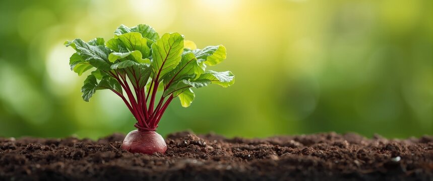 Fresh Radish Plant Growing in Soil with Blurred Green Background