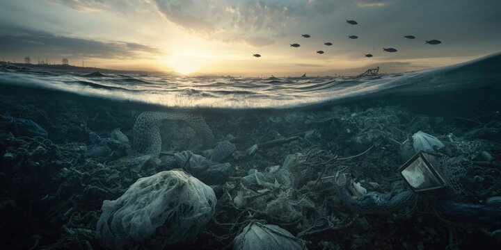 Polluted Ocean Scene with Debris and Fish Under a Sunset Sky