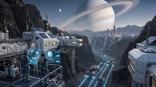 Colonists monitoring planetary operations at sci-fi space base on alien planet with ringed planet in sky