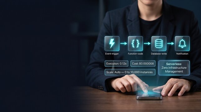 Serverless cloud computing concept on smartphone with holographic workflow showing automated functions, database processing, notifications, rapid execution and scalable digital infrastructure
