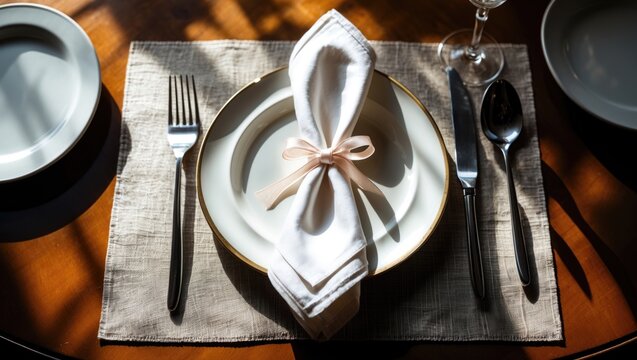 Elegant setting featuring cutlery, napkin, empty plates on table, flat lay