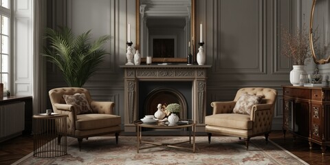 Fototapeta premium Elegant Living Room with Armchairs and Decorative Elements by a Fireplace