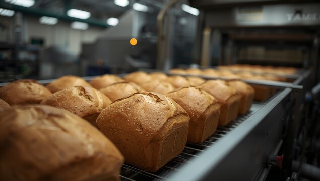 Freshly Baked Bread Loaves on Cooling Racks in a Bakery Setting