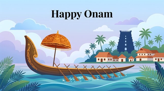 Happy Onam Snake Boat with Umbrella Illustration Kerala Temple and Palm Trees Landscape Background