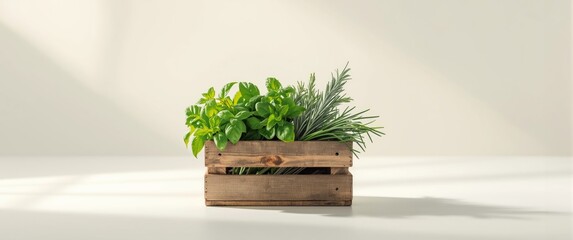 Naklejka premium Herbs Growing in a Wooden Crate on a Light Background with Soft Shadows