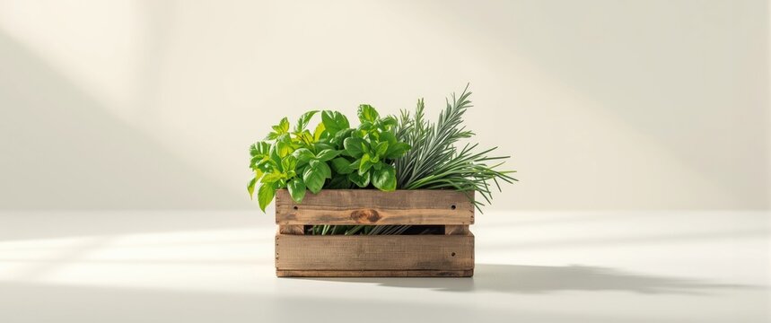 Herbs Growing in a Wooden Crate on a Light Background with Soft Shadows