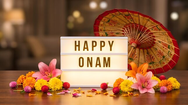 Happy Onam Light Box Sign with Traditional Umbrella and Colorful Flower Decoration on Table