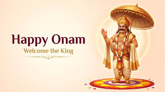 Happy Onam Welcome the King Mahabali Illustration with Umbrella and Pookalam Flower Rangoli
