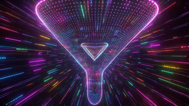 Glowing funnel symbol speeding through a vibrant psychedelic tunnel with colorful light streaks