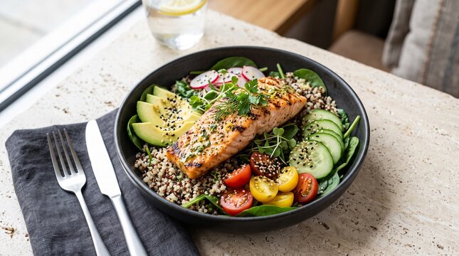 Premium quinoa salad topped with grilled salmon, avocado, cucumber, spinach, radish and tomatoes with lemon herb dressing in an elegant bowl.