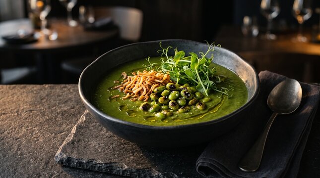 Gourmet roasted edamame soup with crispy shallots, roasted beans, pea shoots and olive oil droplets served in a charcoal bowl.