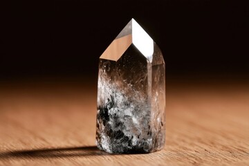 Fototapeta premium Natural clear quartz crystal point with dark inclusions standing on a wooden surface