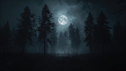 Naklejka premium Mysterious Forest Silhouettes Under Full Moon and Fog at Night