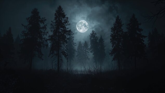 Mysterious Forest Silhouettes Under Full Moon and Fog at Night